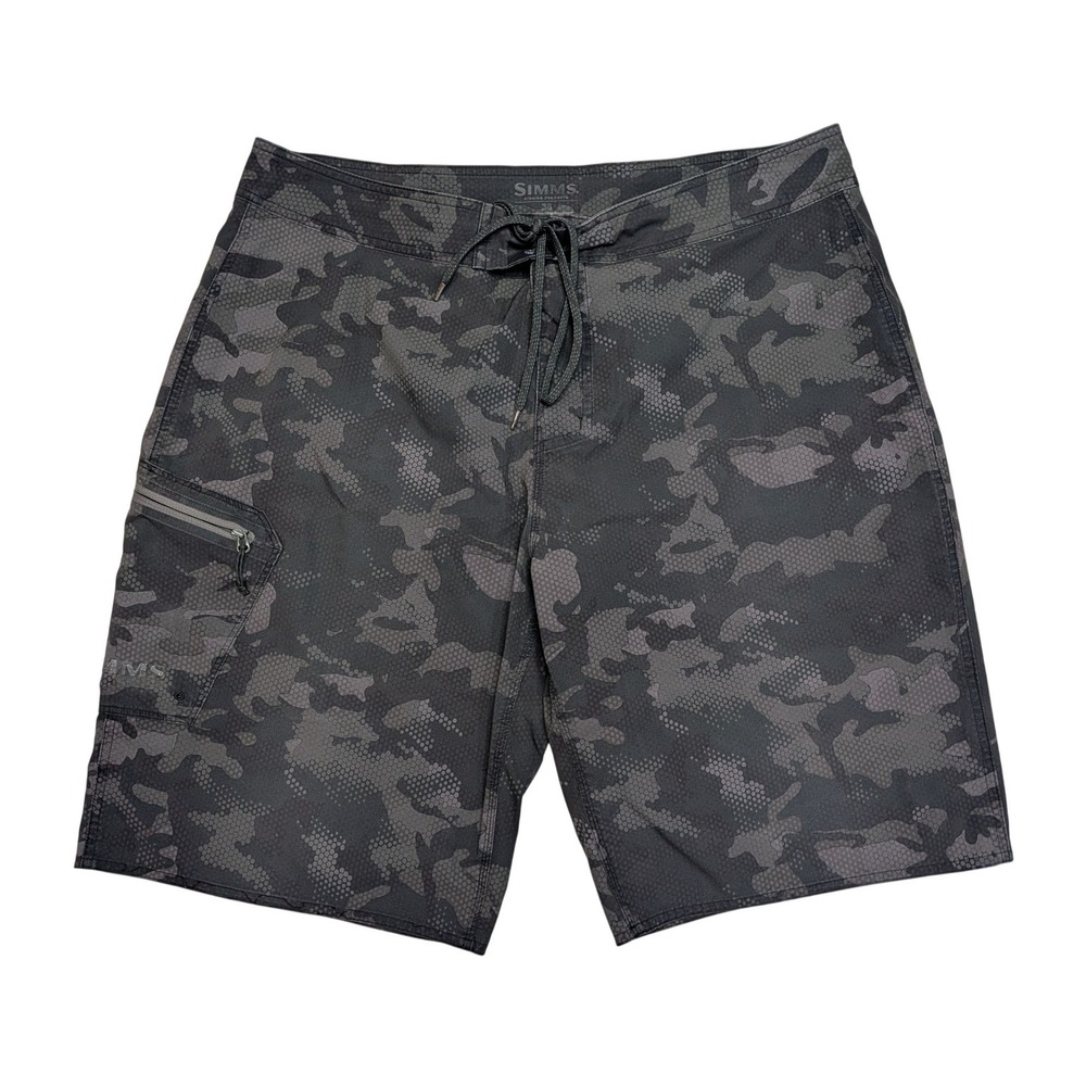 Simms Fishing Board Shorts 34 Mens Grey Camo Hex Pattern Cargo Pocket Swim Trunk